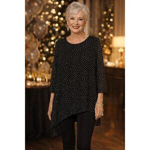 Chico's Travelers size 2 Polka Dot Asymmetrical Hem Blouse Sheer Arms